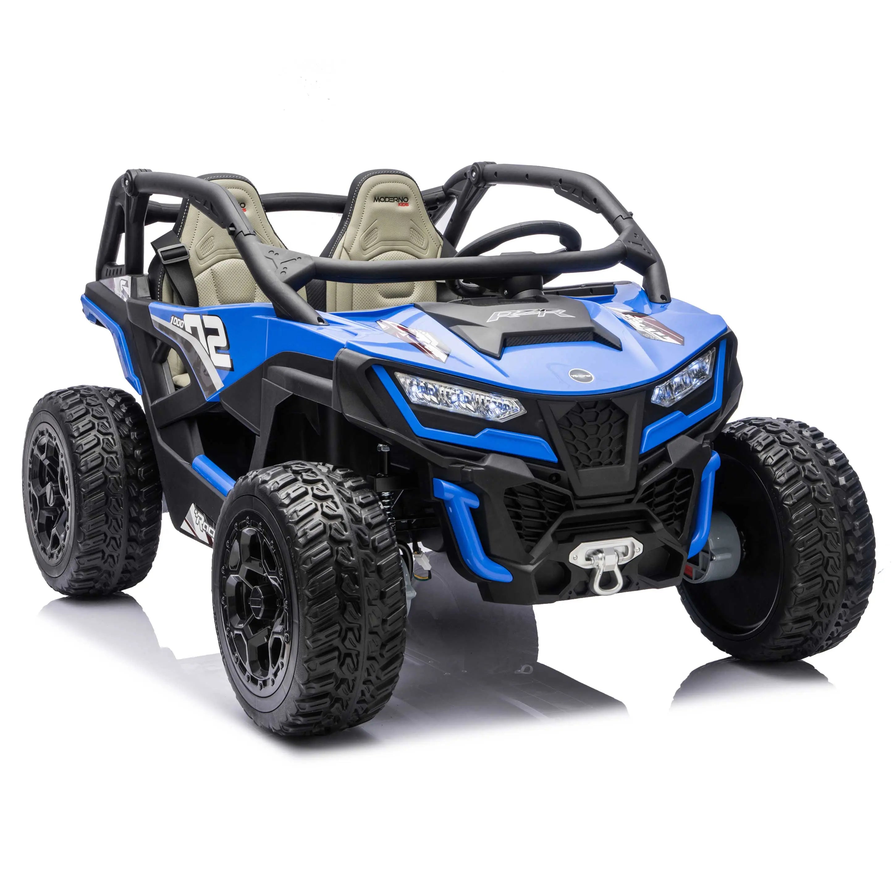 Blue Trail Runner 24V 4WD kids electric ride-on UTV, front right view with LED headlights and dual seats