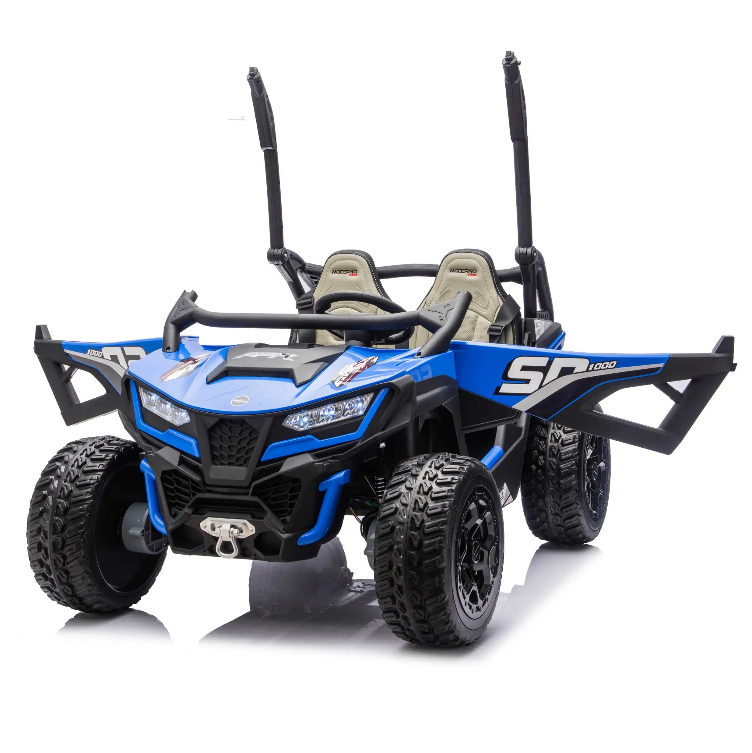 Blue Trail Runner 24V 4WD kids electric ride-on UTV, front view with  openable doors, LED headlights and dual seats