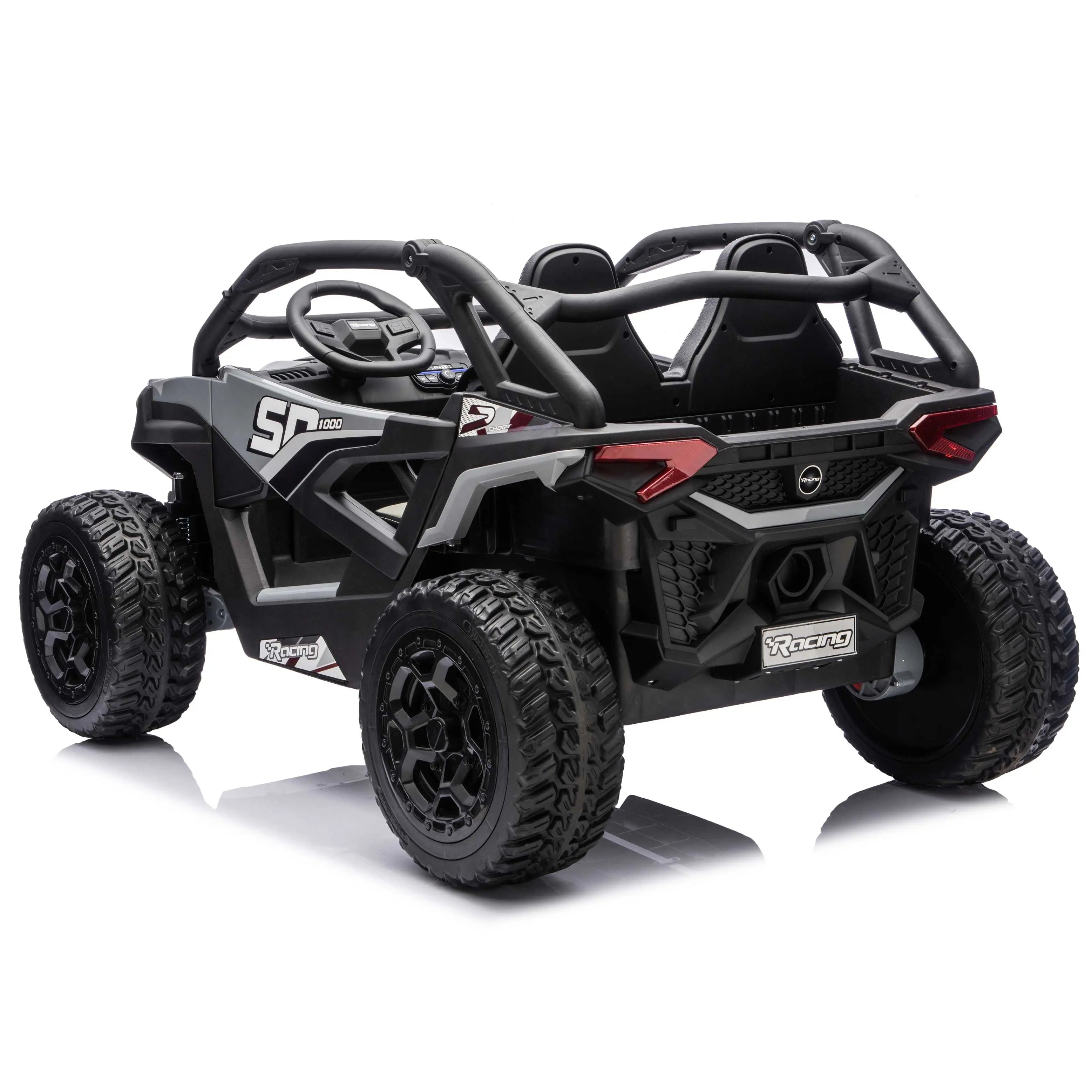 Gray Trail Runner 24V 4WD kids electric ride-on UTV, back left view with LED headlights and dual seats
