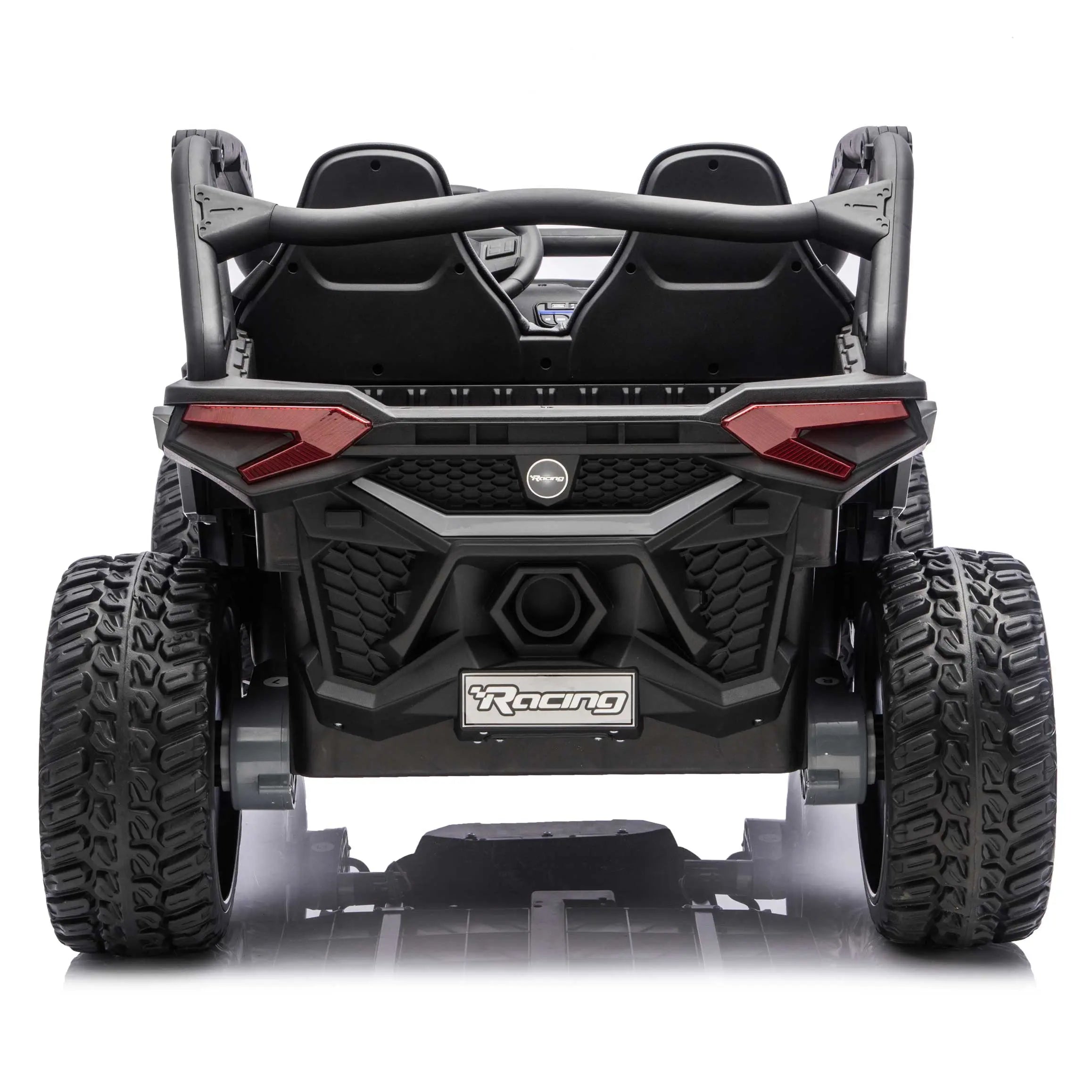 Gray Trail Runner 24V 4WD kids electric ride-on UTV, back view with LED headlights and dual seats
