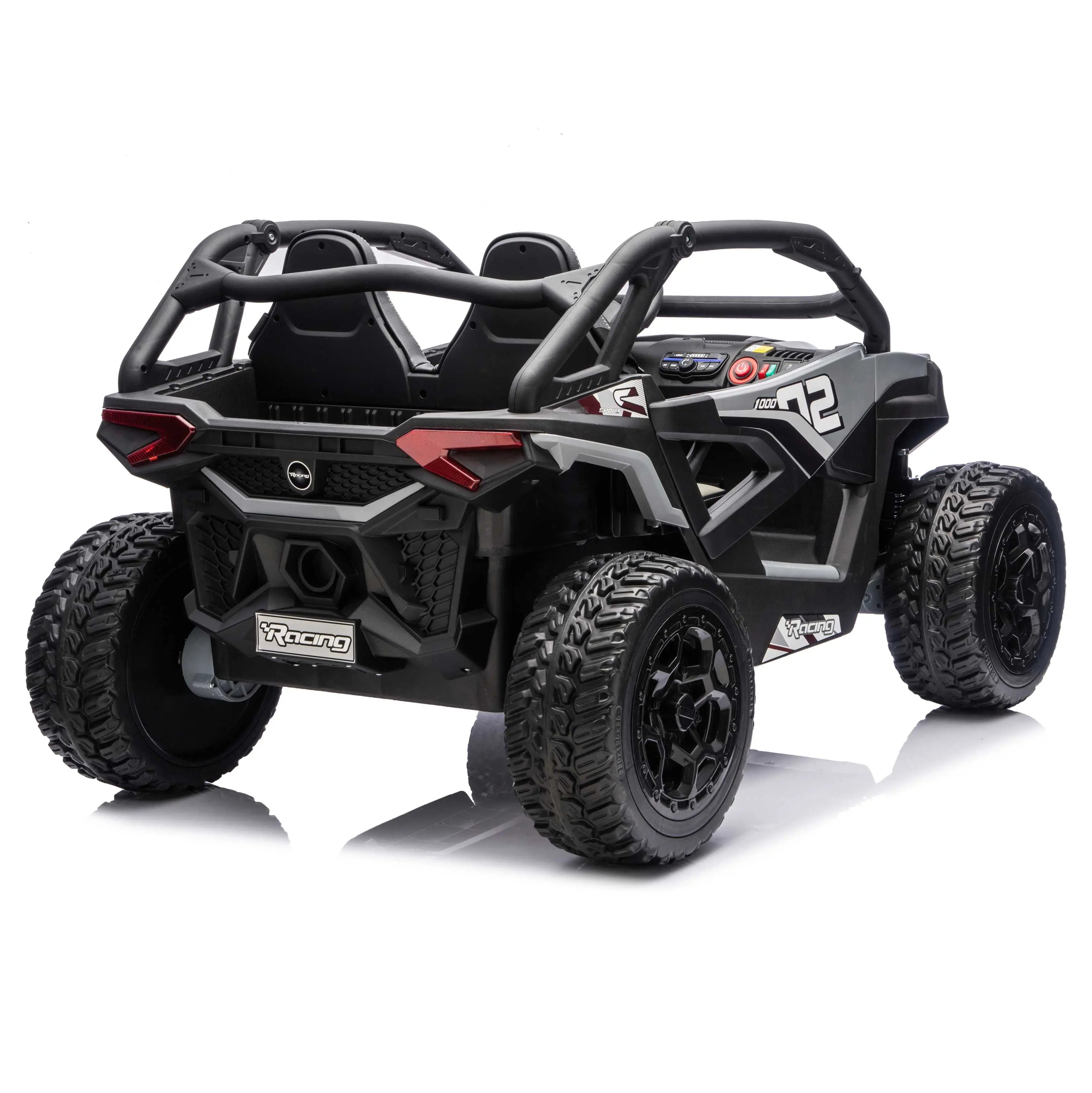 Gray Trail Runner 24V 4WD kids electric ride-on UTV, back right view with LED headlights and dual seats