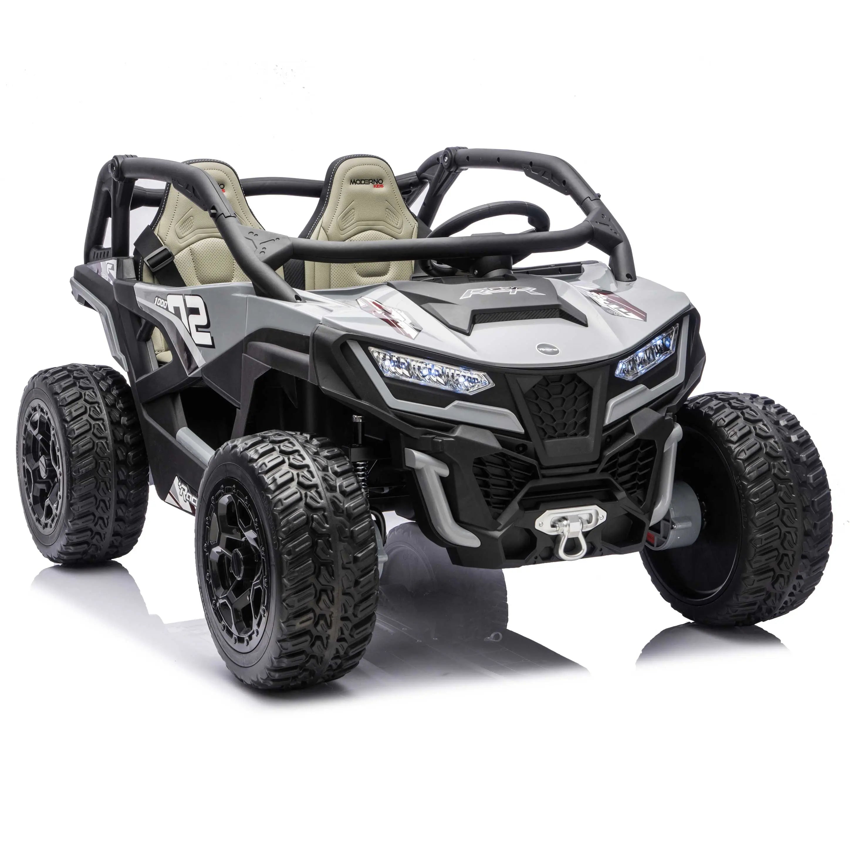 Gray Trail Runner 24V 4WD kids electric ride-on UTV, front right view with LED headlights and dual seats
