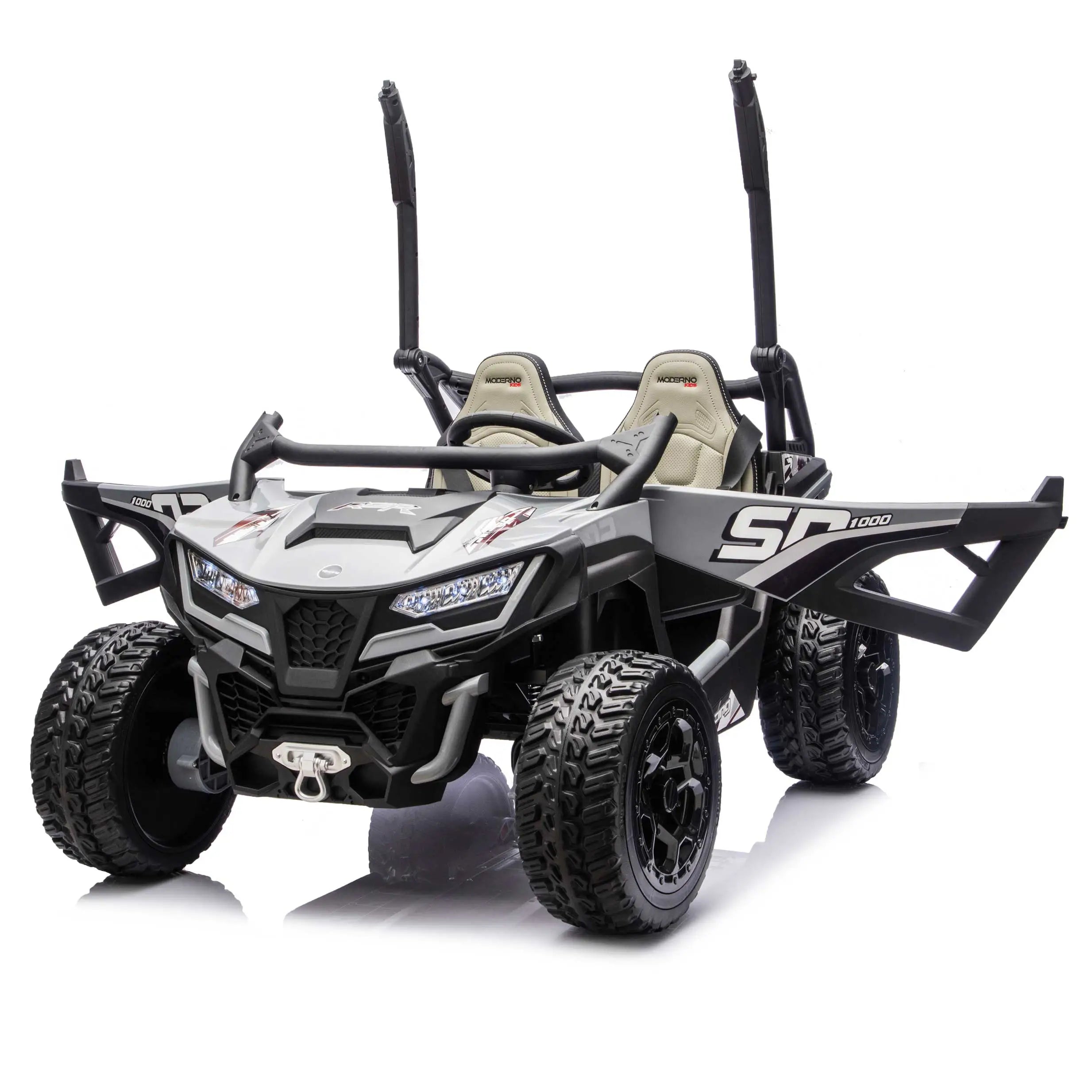 Gray Trail Runner 24V 4WD kids electric ride-on UTV, front view with  openable doors, LED headlights and dual seats