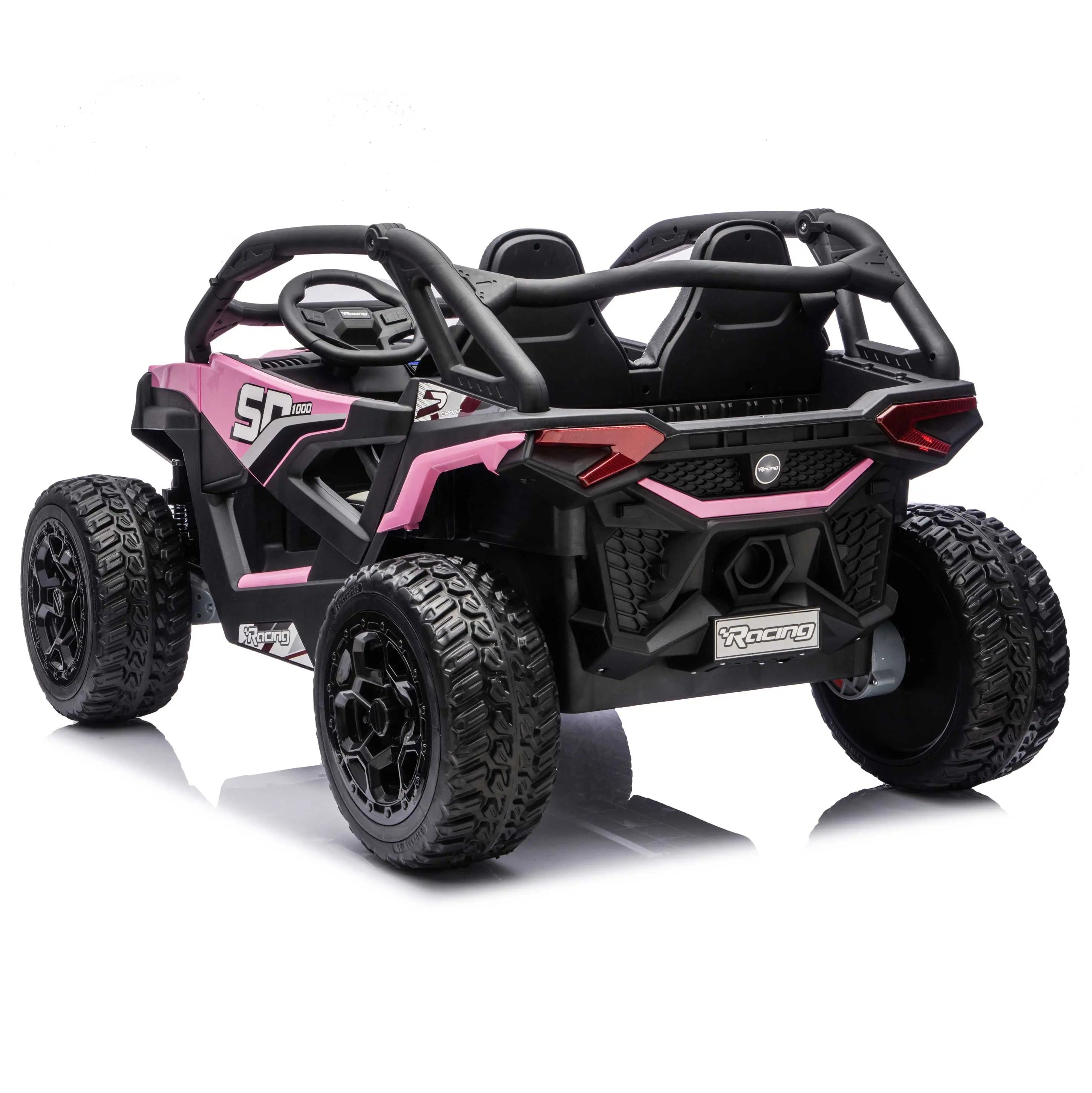 Pink Trail Runner 24V 4WD kids electric ride-on UTV, back left view with LED headlights and dual seats