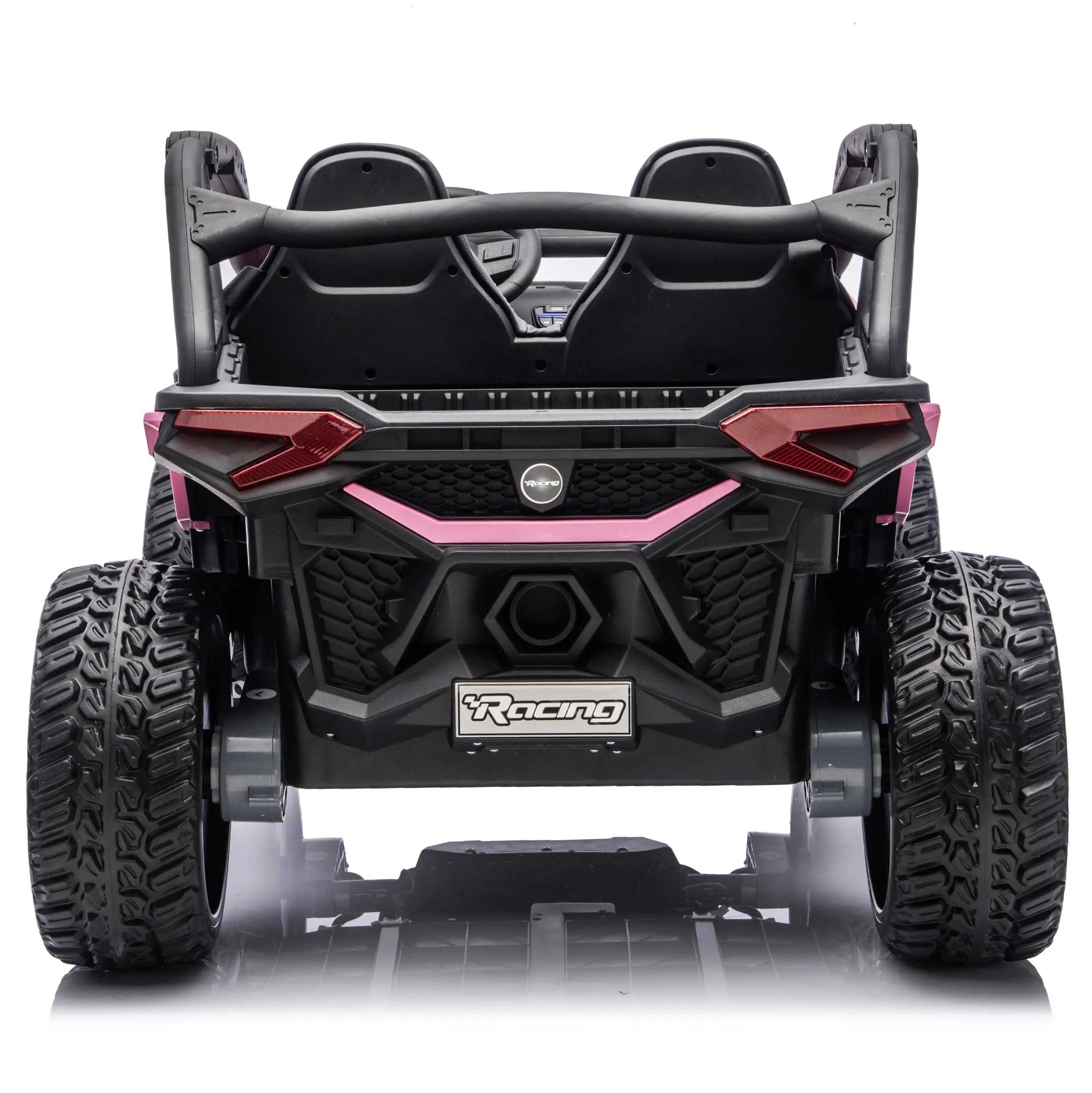Pink Trail Runner 24V 4WD kids electric ride-on UTV, back view with LED headlights and dual seats