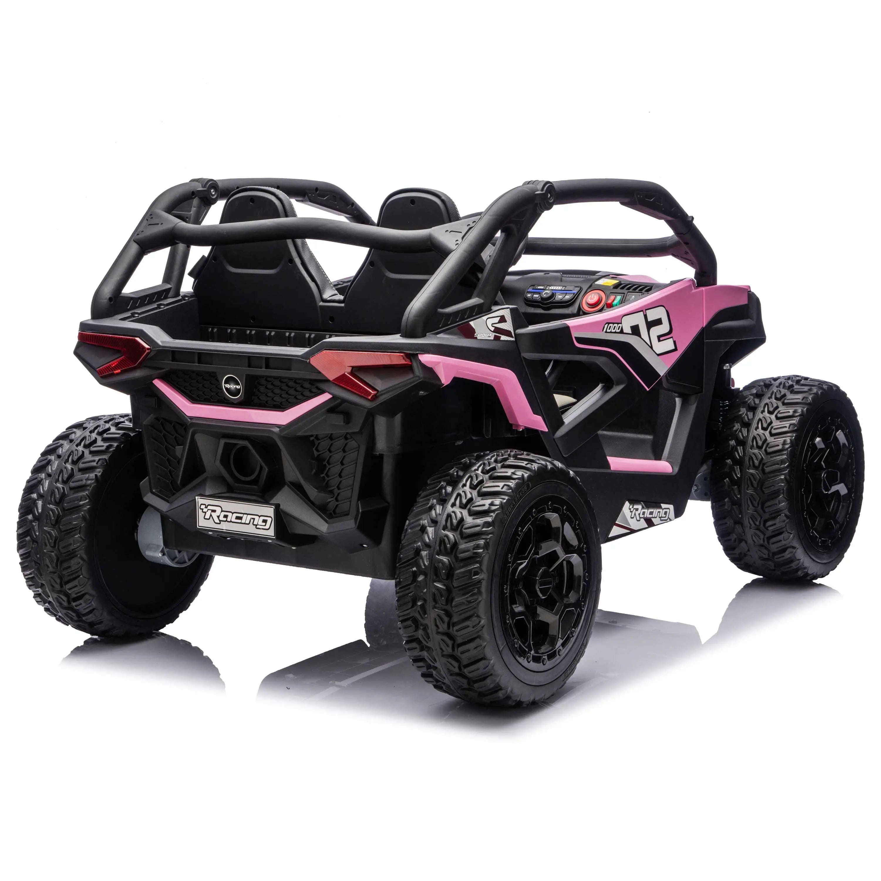 Pink Trail Runner 24V 4WD kids electric ride-on UTV, back right view with LED headlights and dual seats