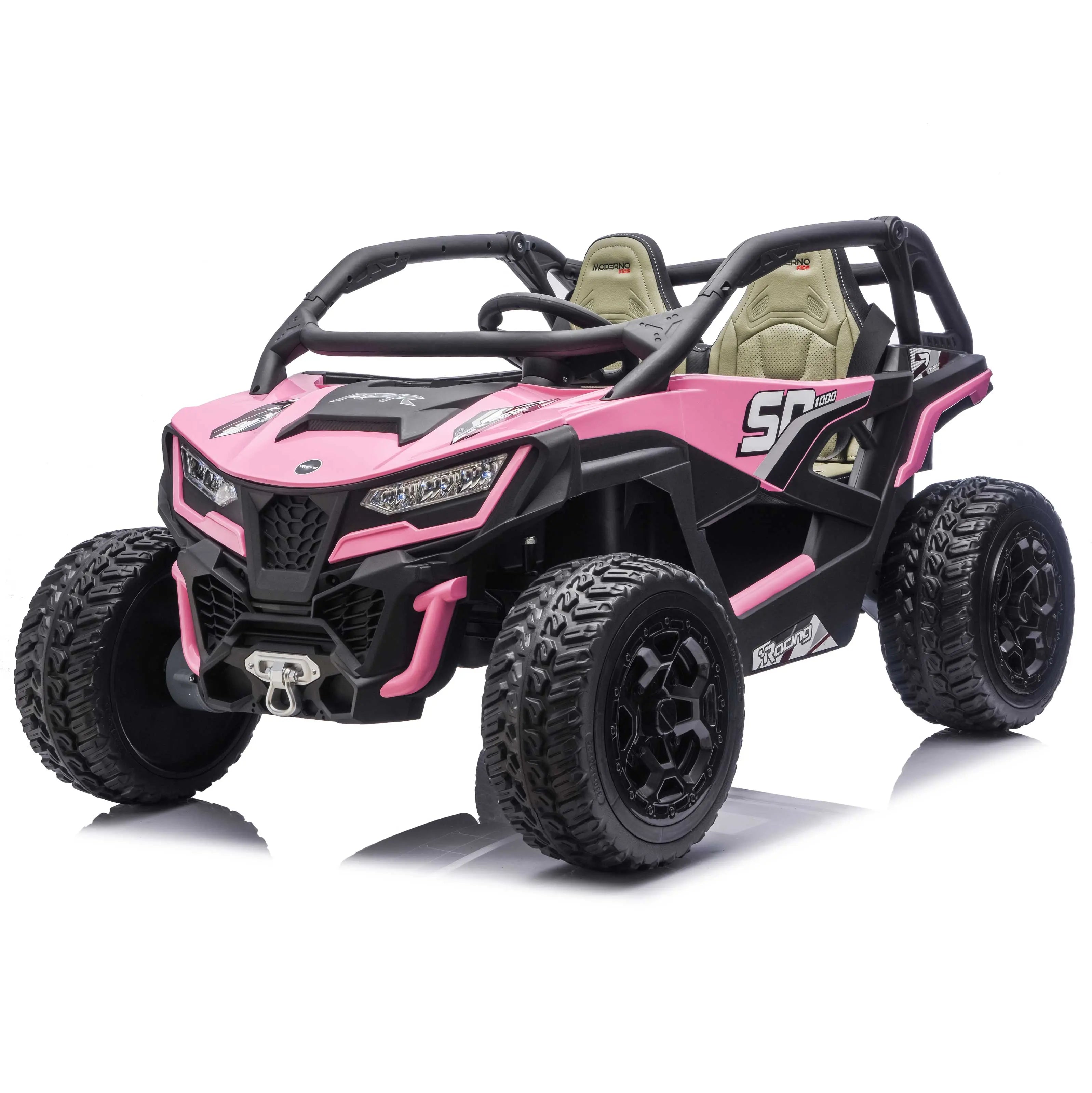 Pink Trail Runner 24V 4WD kids electric ride-on UTV, front left view with LED headlights and dual seats