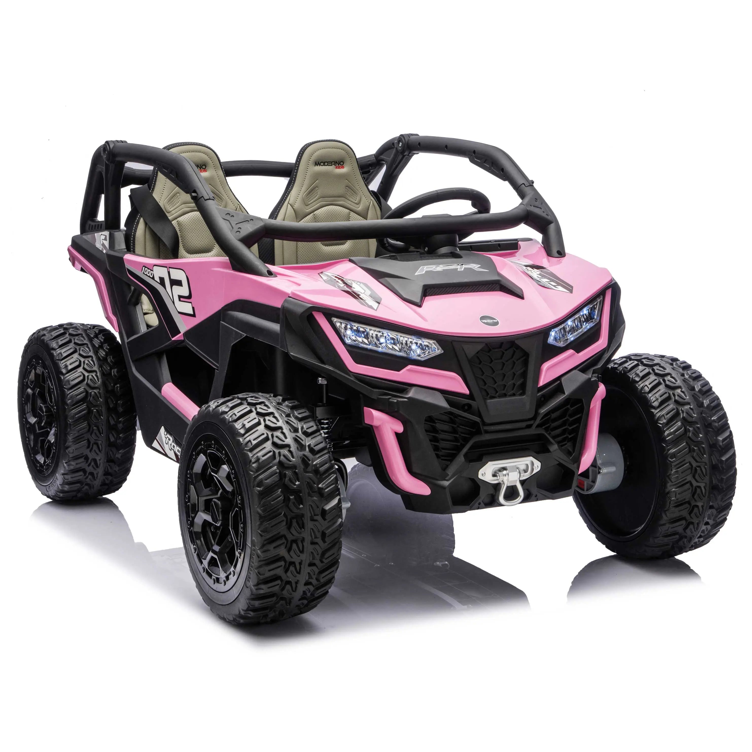 Pink Trail Runner 24V 4WD kids electric ride-on UTV, front right view with LED headlights and dual seats