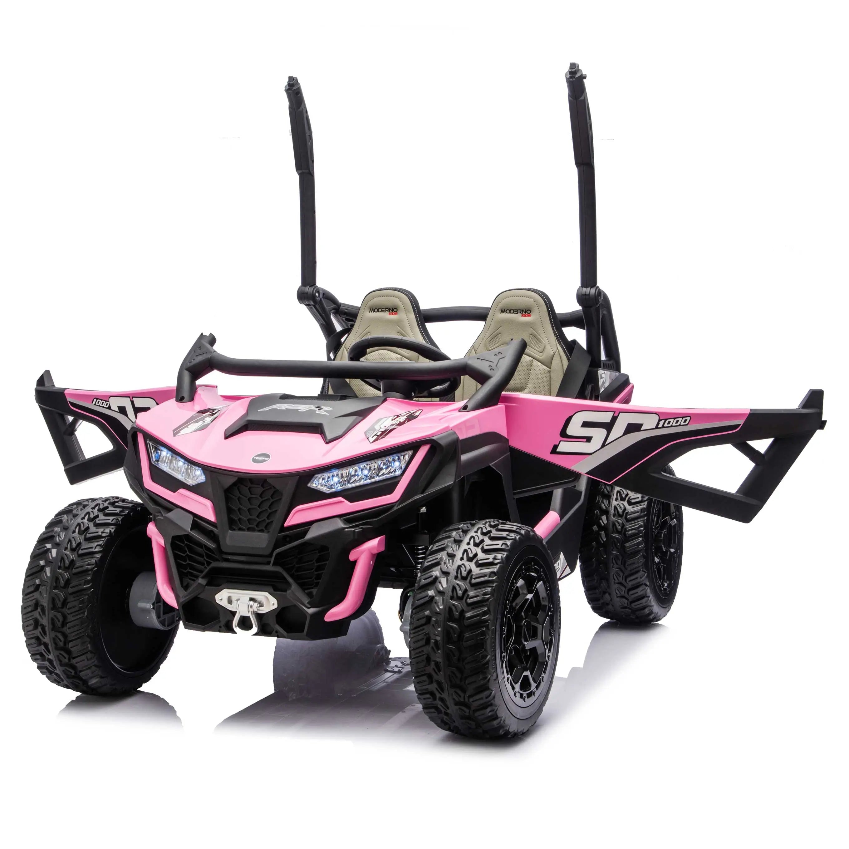 Pink Trail Runner 24V 4WD kids electric ride-on UTV, front view with  openable doors, LED headlights and dual seats