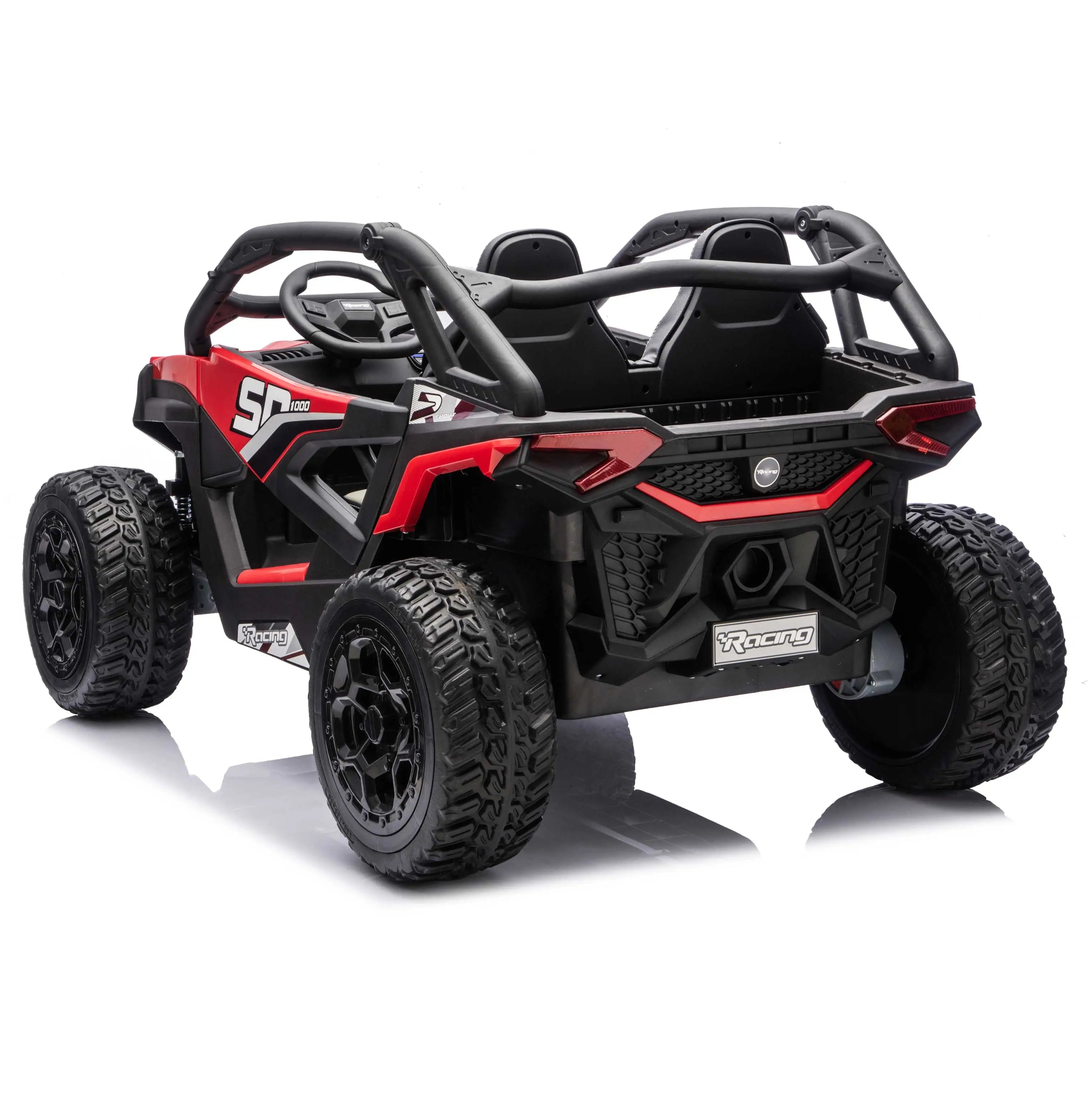 Red Trail Runner 24V 4WD kids electric ride-on UTV, back left view with LED headlights and dual seats