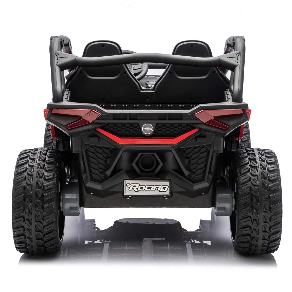 Red Trail Runner 24V 4WD kids electric ride-on UTV, back view with LED headlights and dual seats