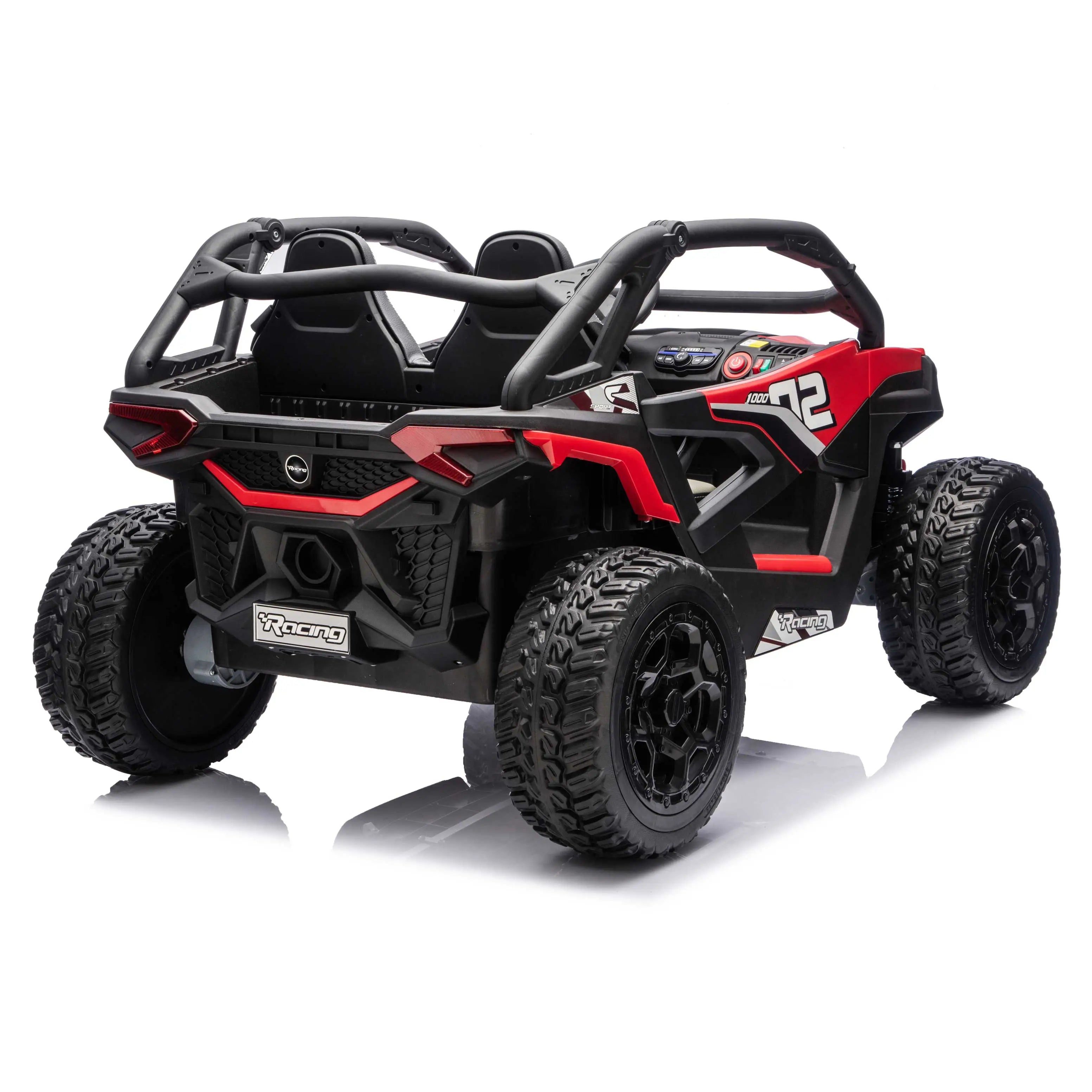 Red Trail Runner 24V 4WD kids electric ride-on UTV, back right view with LED headlights and dual seats