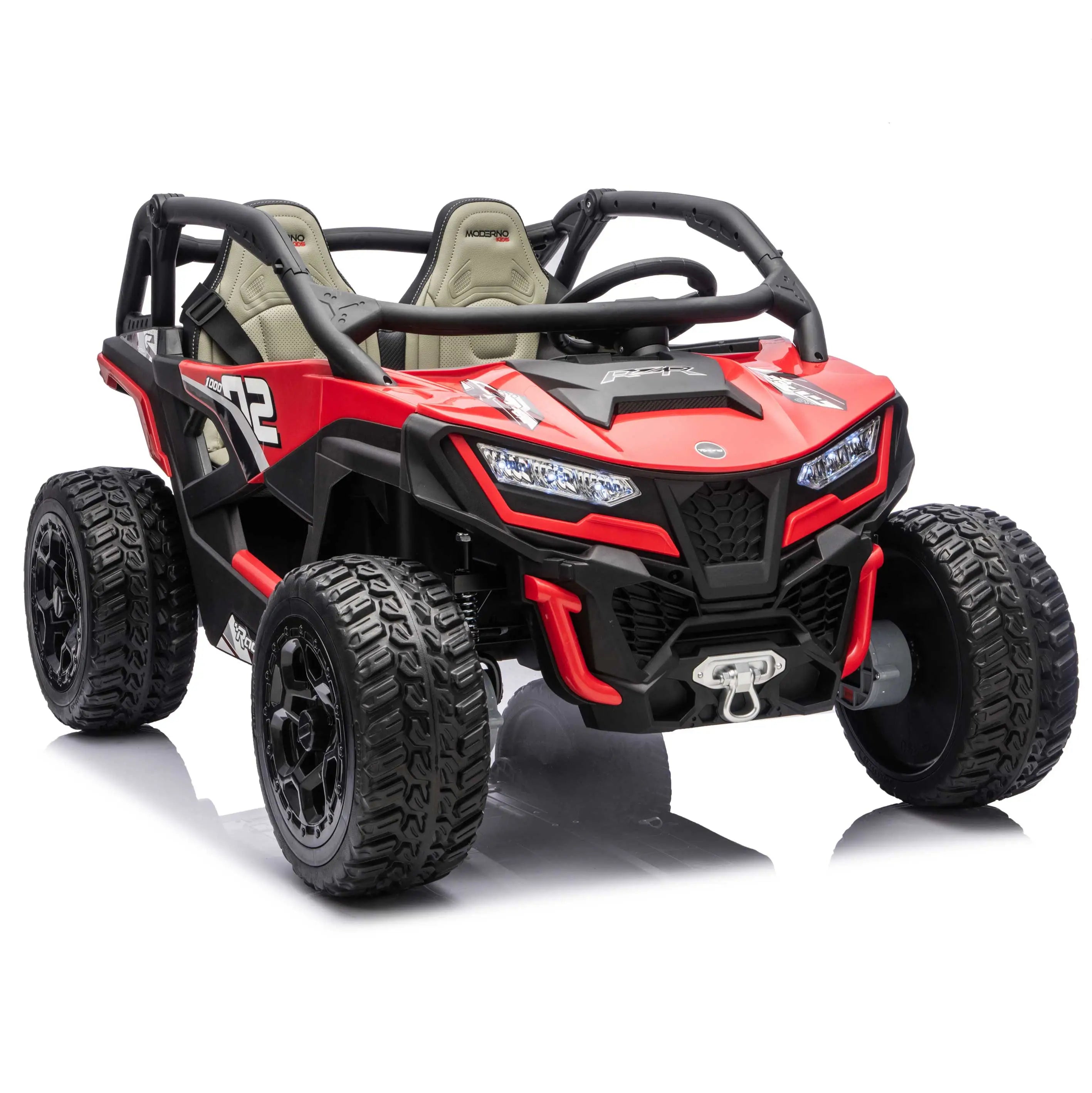 Red Trail Runner 24V 4WD kids electric ride-on UTV, front right view with LED headlights and dual seats