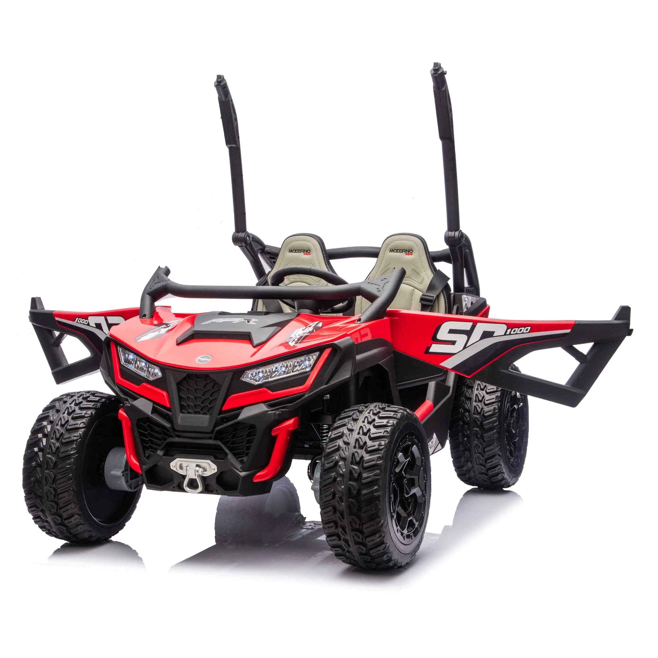 Red Trail Runner 24V 4WD kids electric ride-on UTV, front view with  openable doors, LED headlights and dual seats