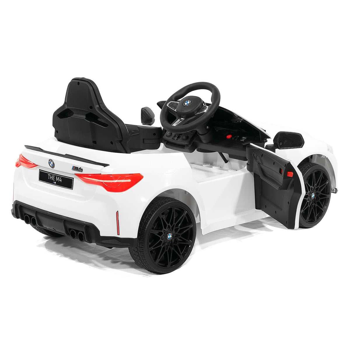 White BMW M4 12V Kids Car with Door Open, Rear Right View