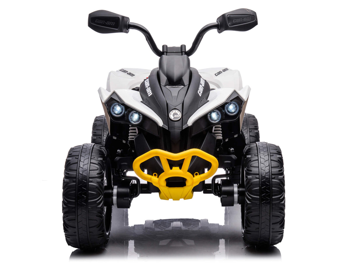 White Can-Am Renegade 24V Kids Ride-On Quad Facing Forward, LED Headlights On