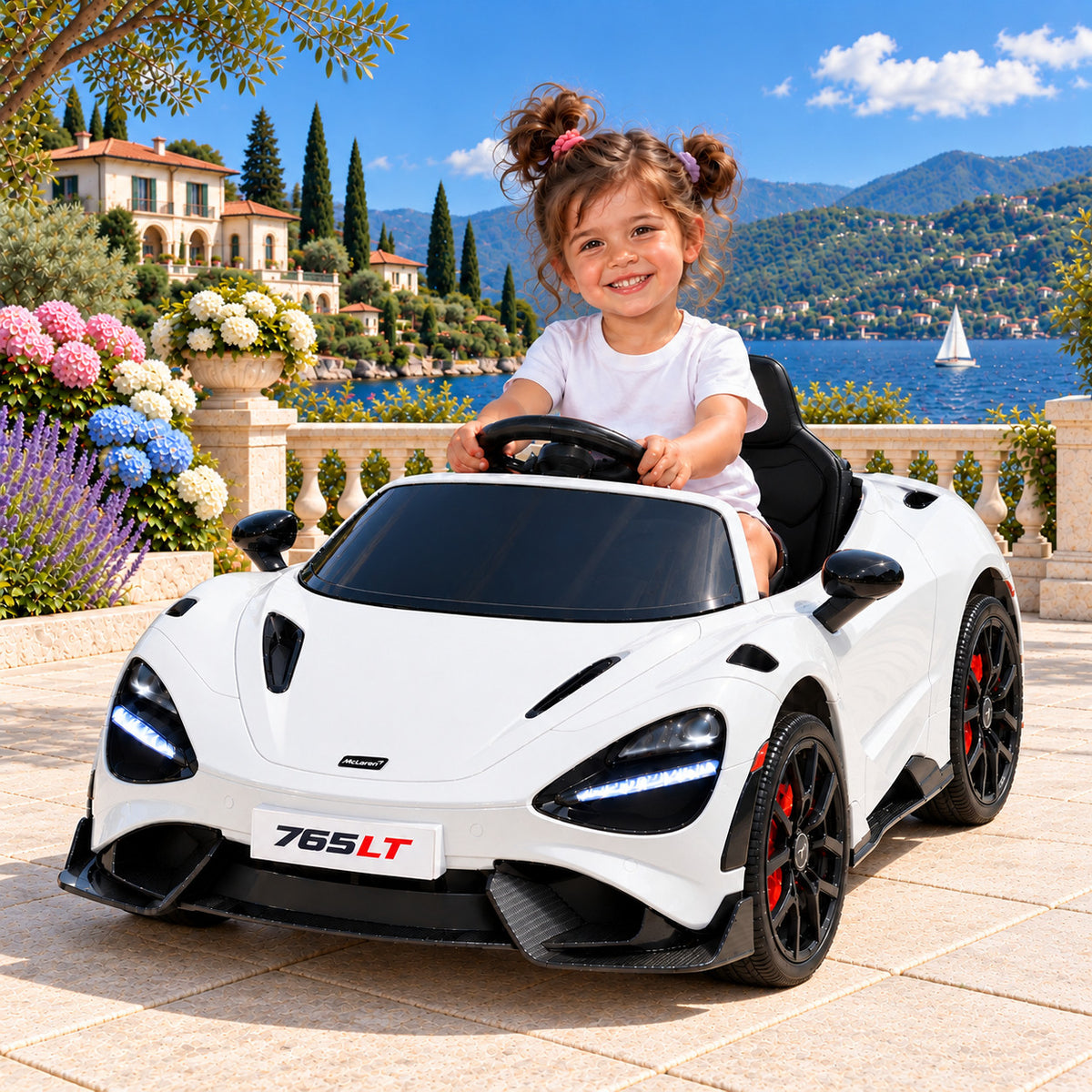 White McLaren 765LT 12V Kids Ride-On Car with Parental Remote, Girl Driving on a Lakeside Villa Terrace