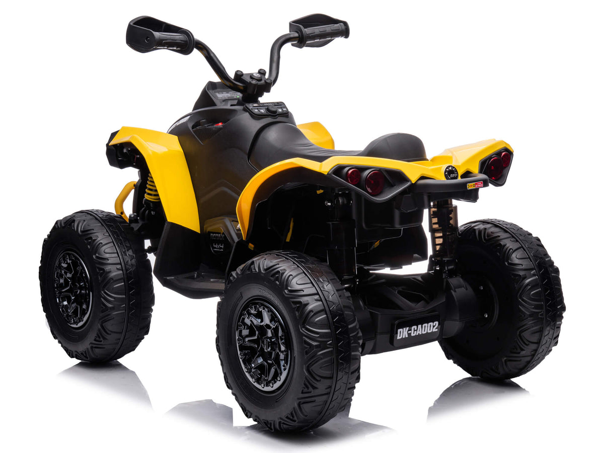 Yellow Can-Am Renegade 24V Kids Electric Quad, Rear Left Angle