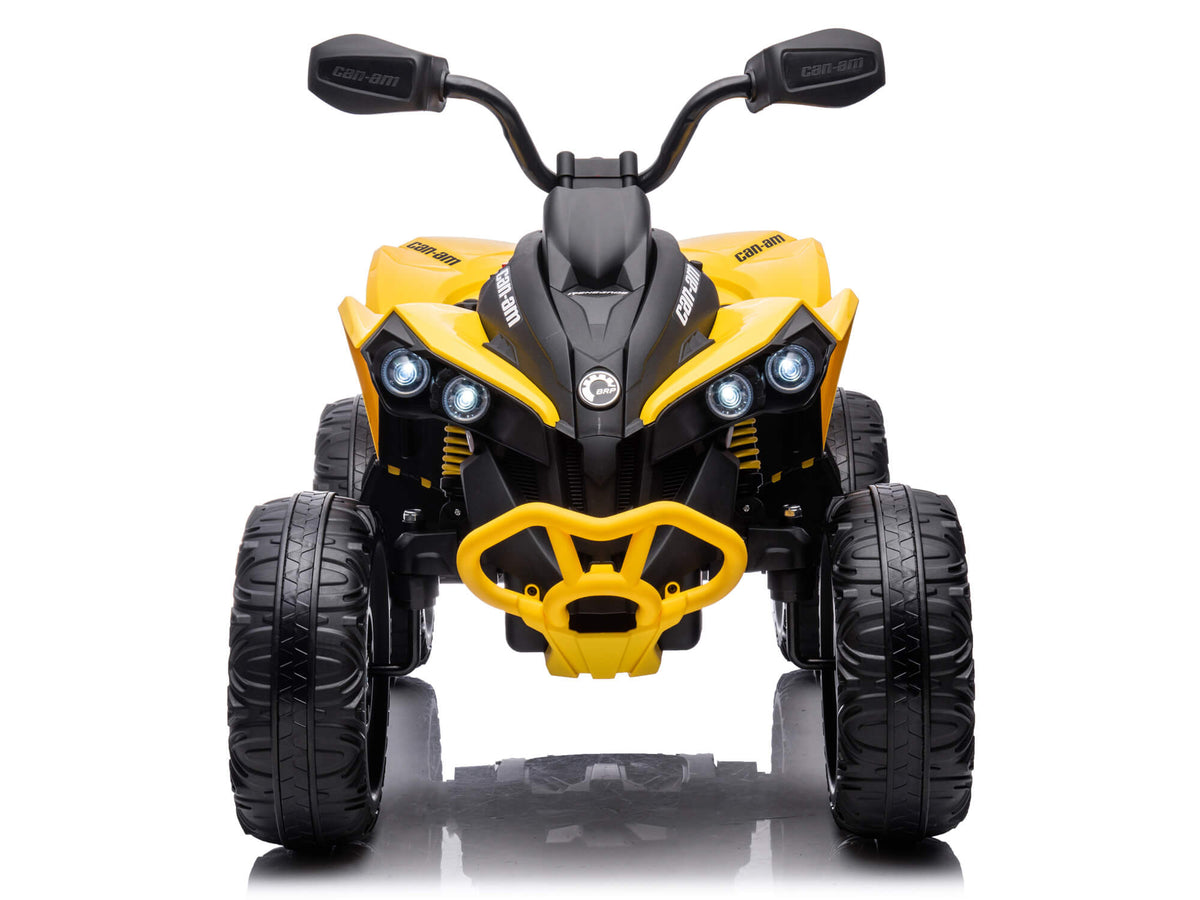 Front View of the Yellow Can-Am Renegade 24V 4WD Kids ATV with LED Headlights On