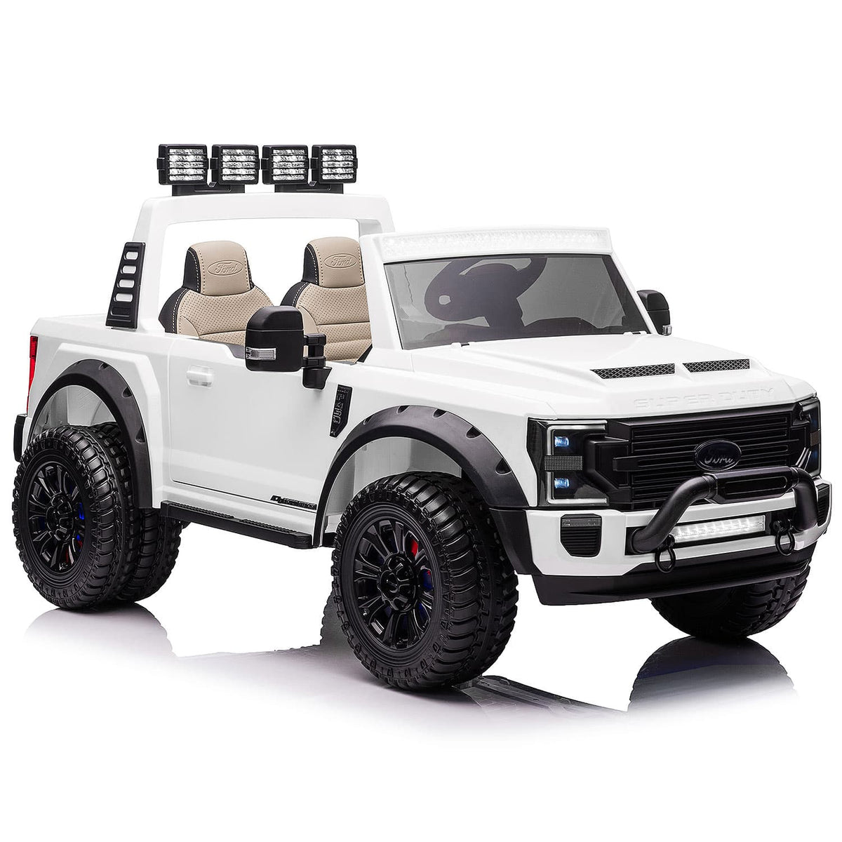Front Right Angle of the White Ford F450 24V Toddler Truck